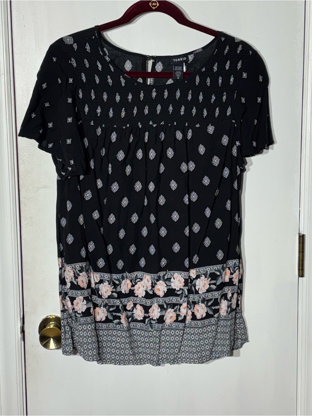 torrid Black Floral Border Short Sleeve Peasant Top